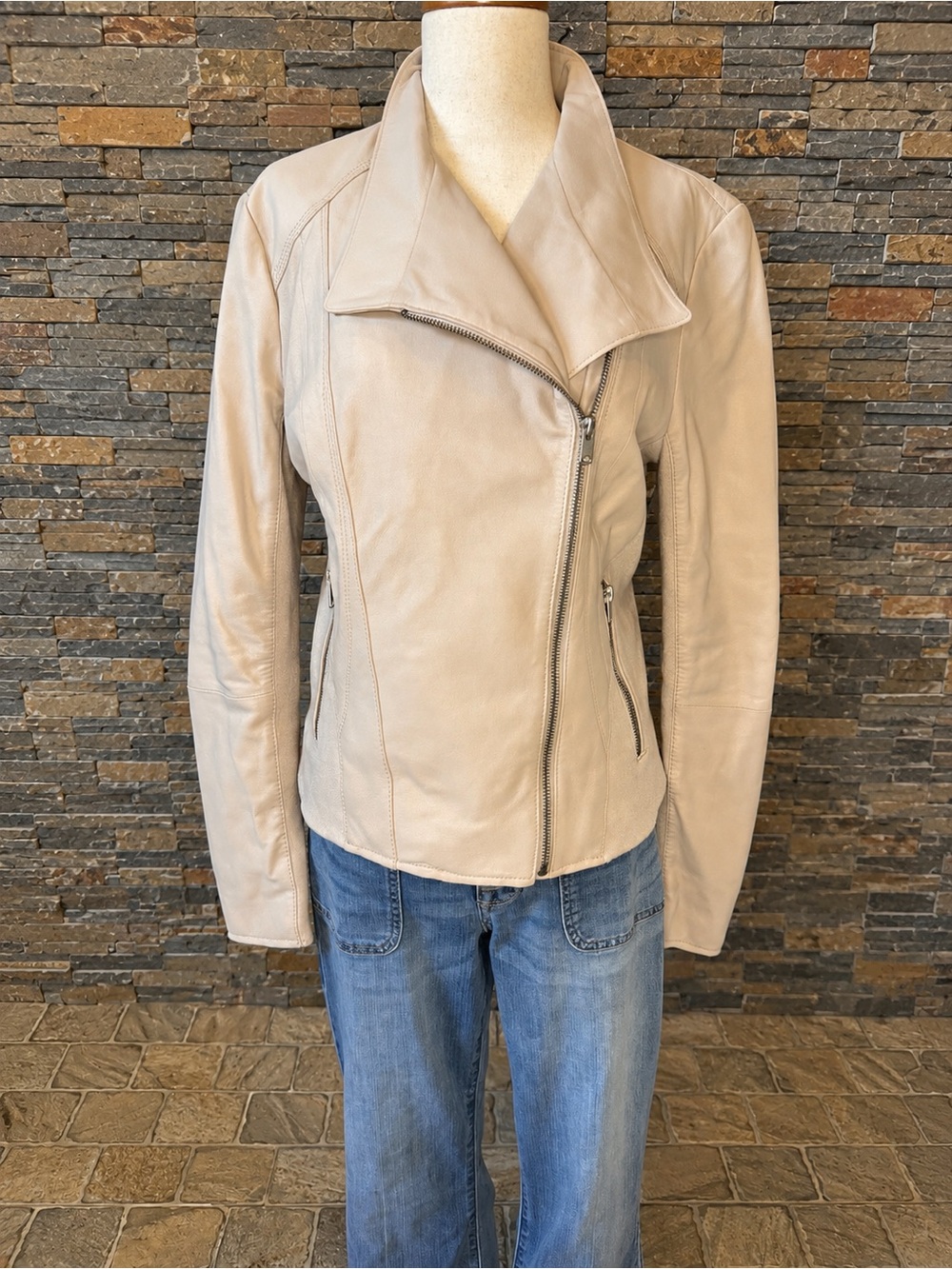 Marc New York Beige Leather Asymmetrical Zip Jacket